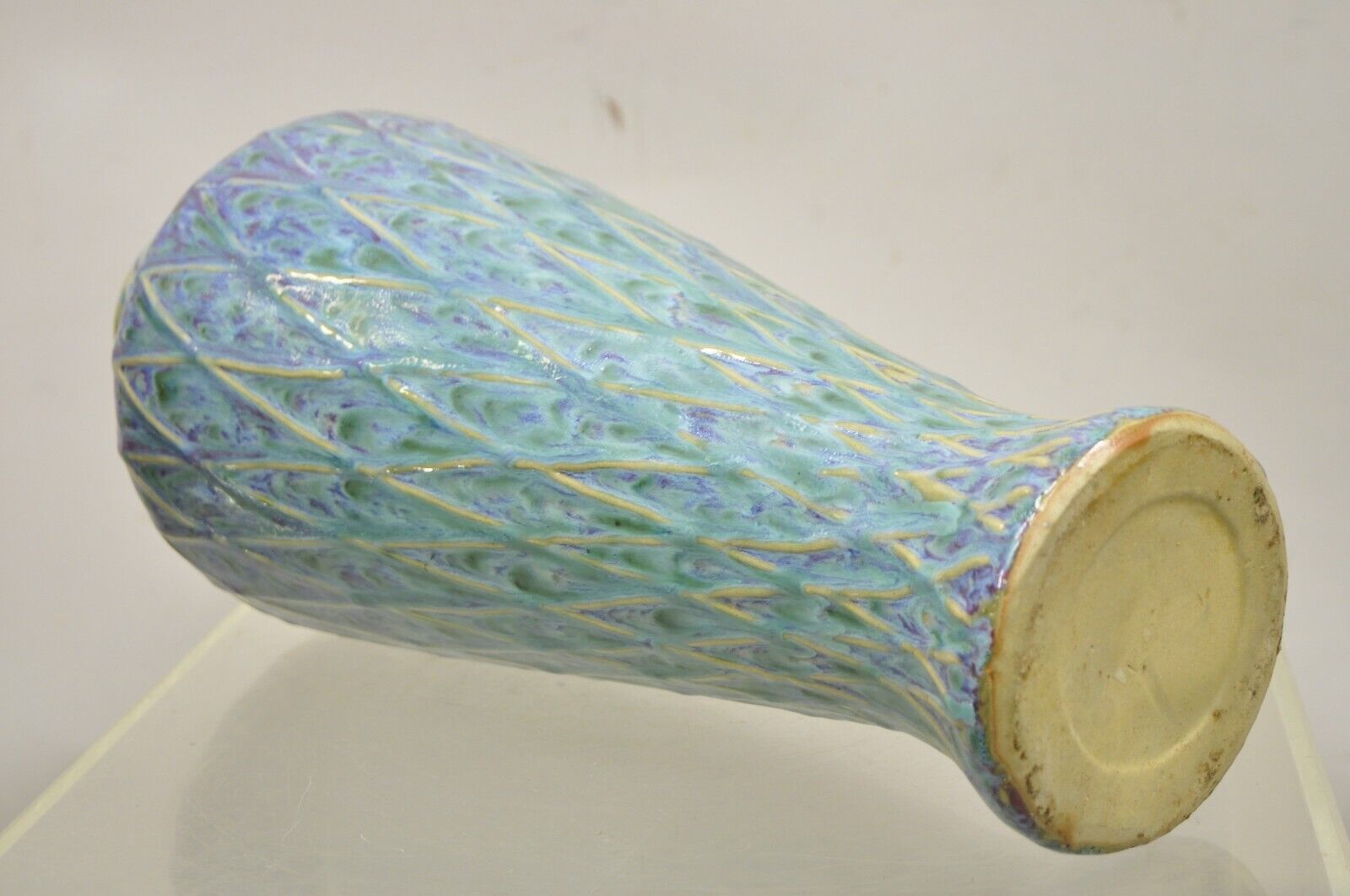 Mid Century Modern Ceramic Pottery Glazed Feather Pulled 20" Purple Blue Vase