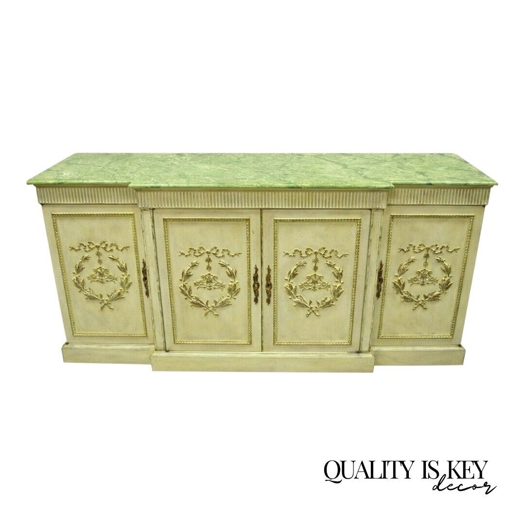 Vintage Italian Neoclassical Buffet Sideboard Credenza Green Faux Marble Top