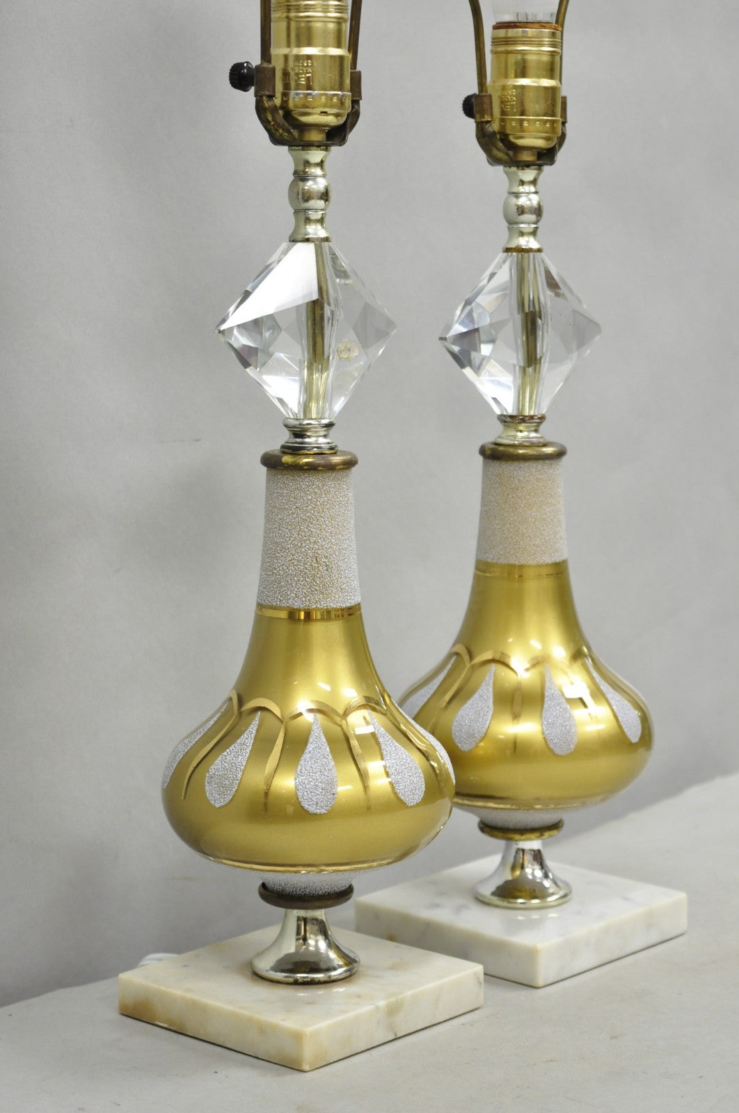 Vintage Mid Century Modern Gold Teardrop Diamond Vanity Table Lamps - a Pair