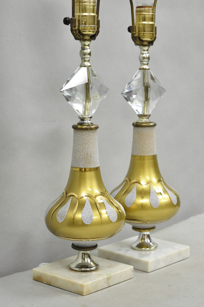 Vintage Mid Century Modern Gold Teardrop Diamond Vanity Table Lamps - a Pair