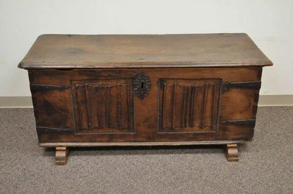Antique 18th C. Gothic Renaissance Chestnut Large Coffer Blanket Chest Trunk