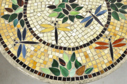 Italian Dragonfly Mosaic Tile Round Stone Top Iron Patio Side Tables - Pair