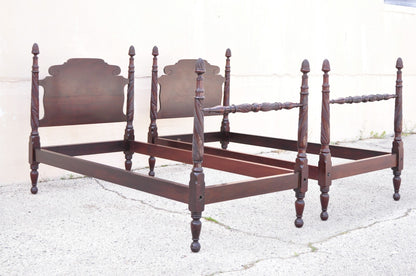 Antique Sheraton Federal Carved Mahogany Acorn Finial Twin Bed by Richter - Pair