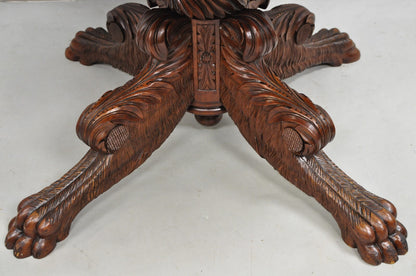 Antique French Empire Carved Mahogany Paw Foot Pedestal Base Round Center Table
