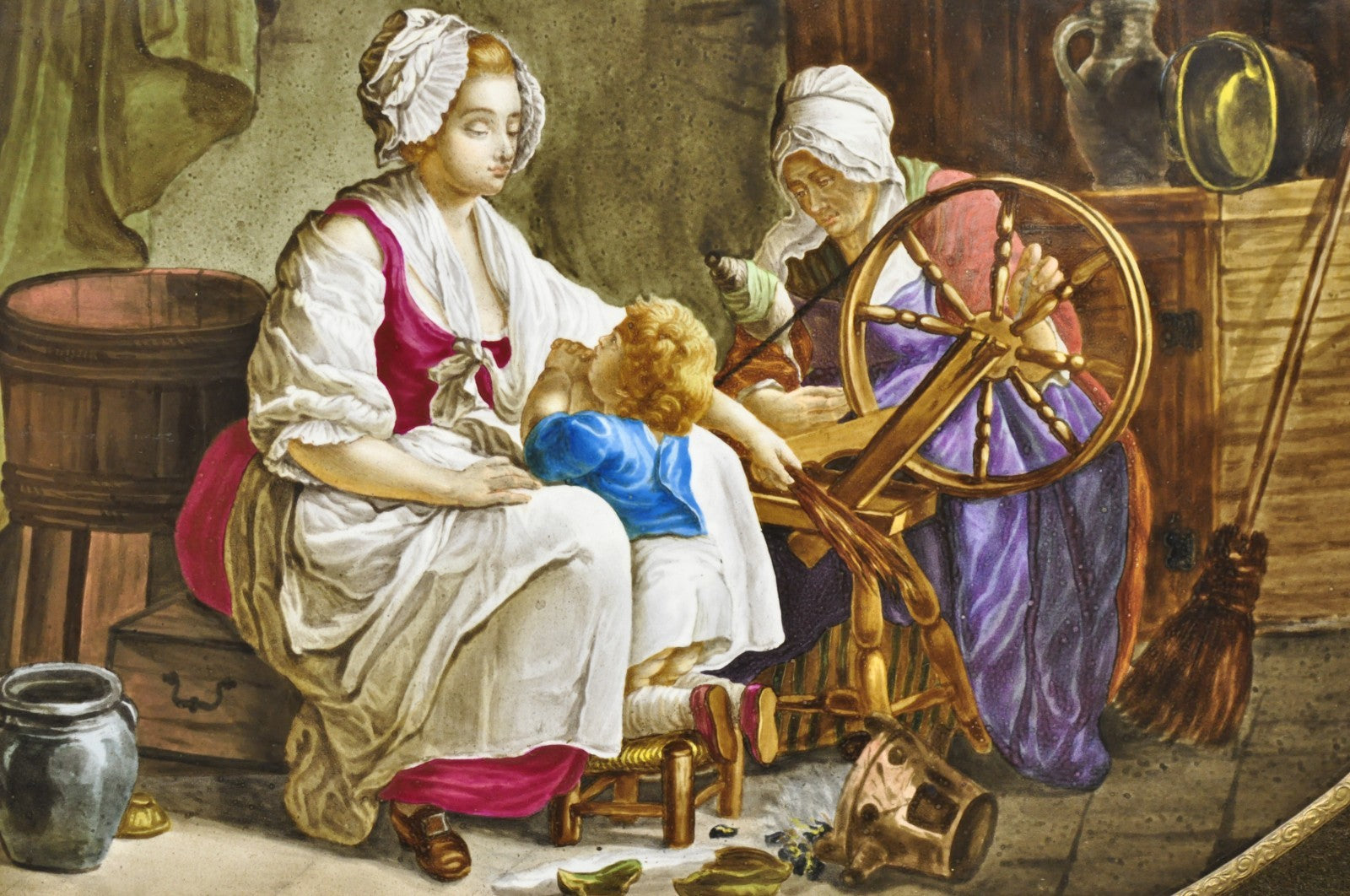 Antique French Painted Porcelain Framed Wall Plaque Signed Jean-Baptiste Greuze