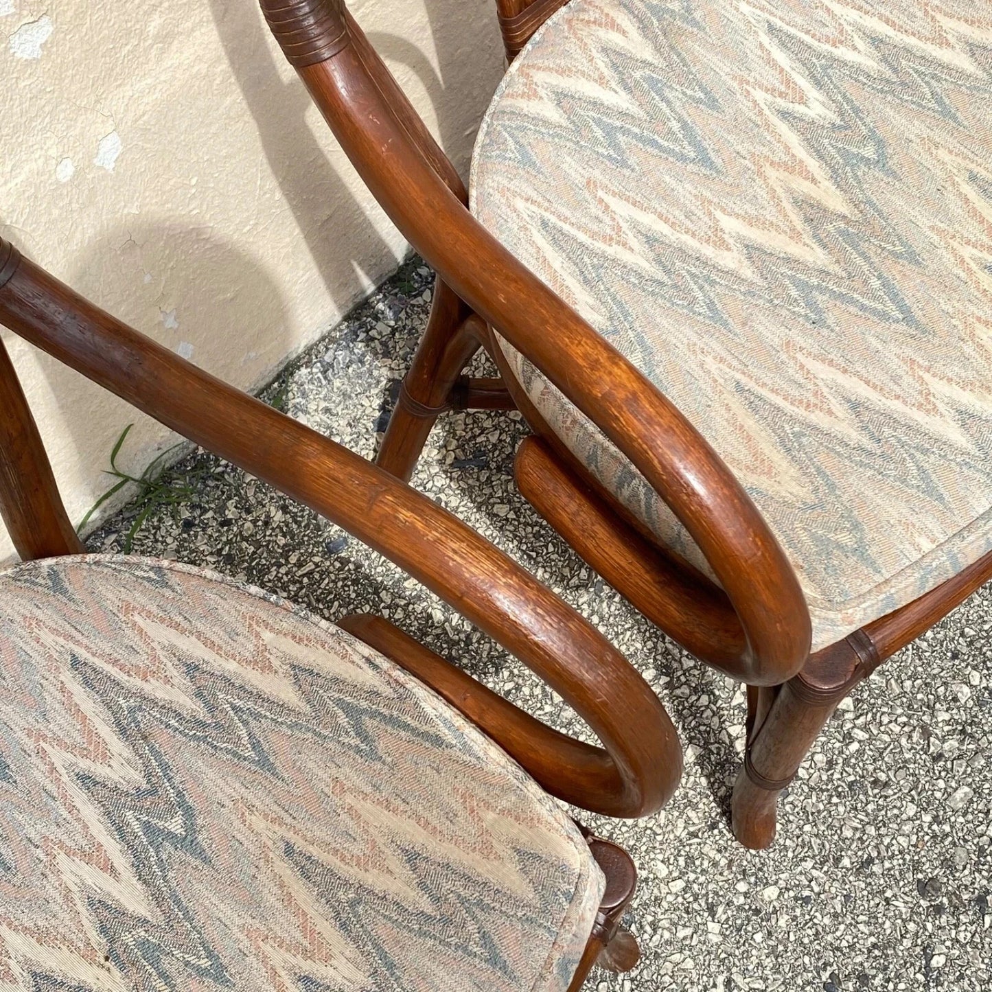 Vintage Hollywood Regency Bentwood Rattan Fan Back Dining Chairs - Set of 4