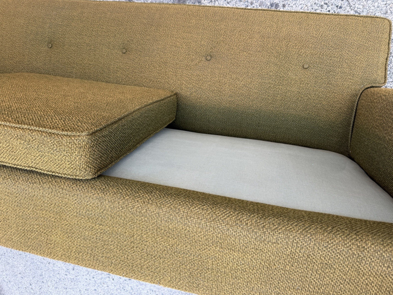 Vintage Mid Century Modern Greenish Brown Tufted 82" Sofa Couch w/ Walnut Legs