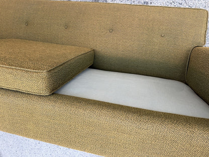 Vintage Mid Century Modern Greenish Brown Tufted 82" Sofa Couch w/ Walnut Legs