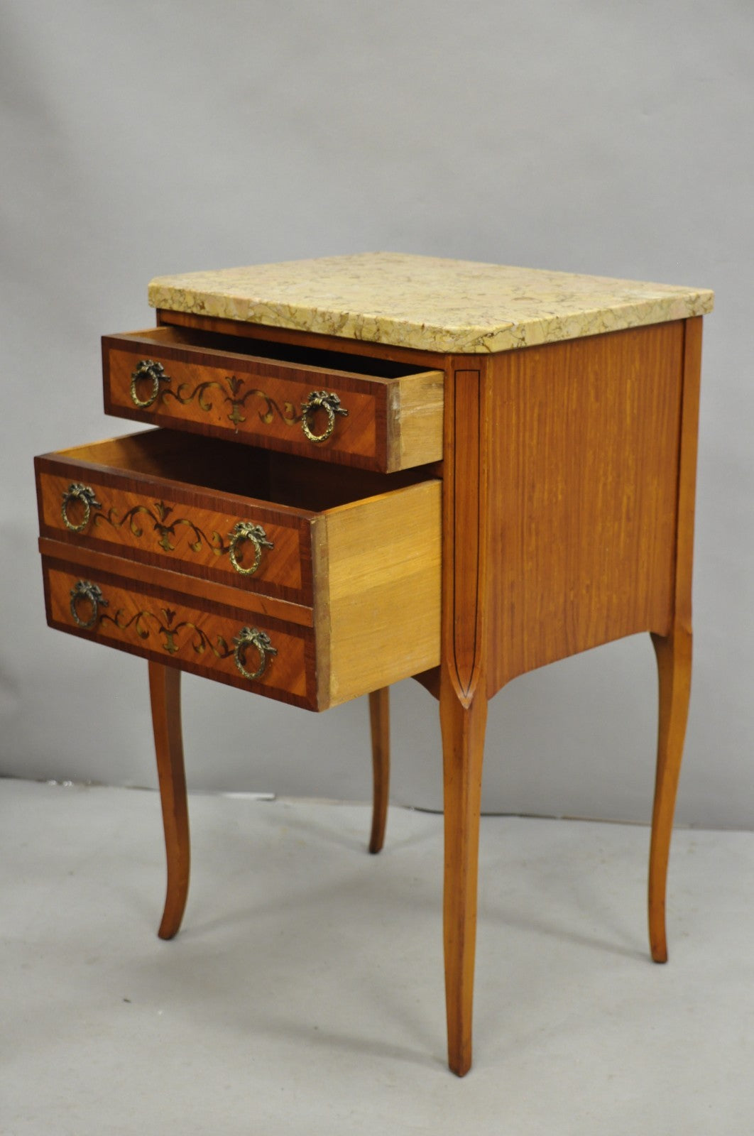 Antique French Louis XV Satinwood Marble Top Painted Nightstand Bedside Table