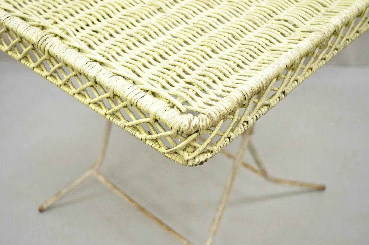 Vintage Victorian Style Wrought Iron Wicker Rattan Top Folding Card Game Table