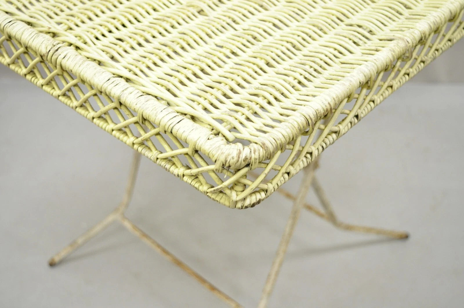 Vintage Victorian Style Wrought Iron Wicker Rattan Top Folding Card Game Table