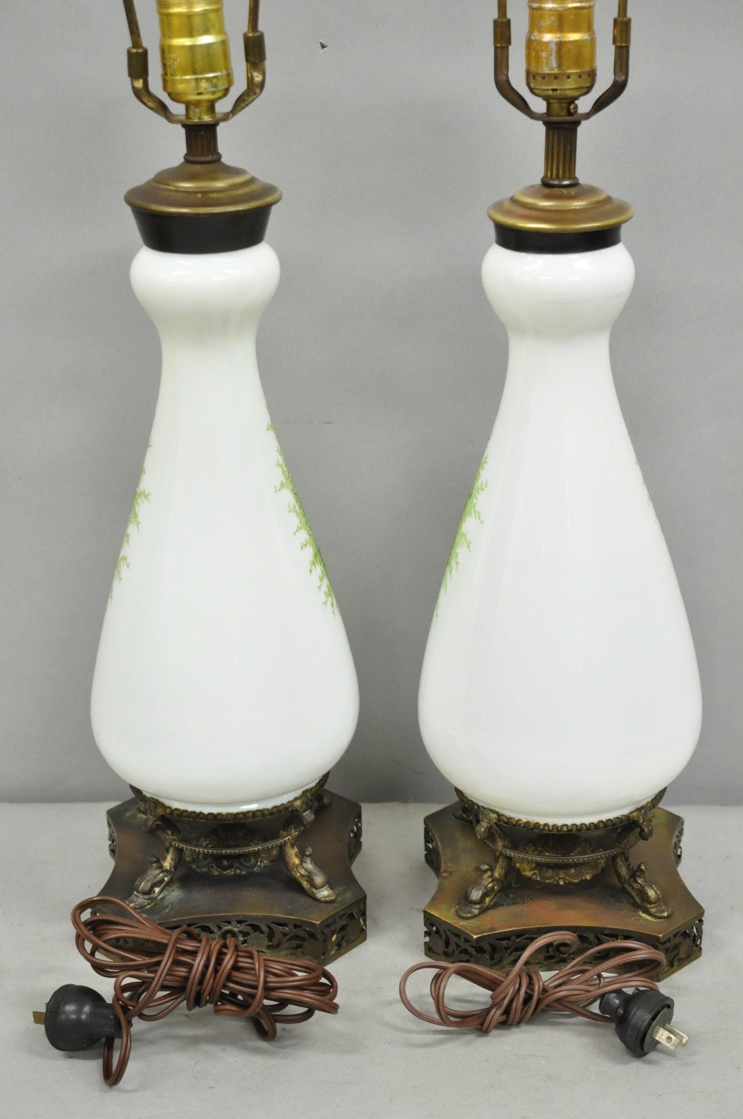 Antique Victorian French Hand Painted Angel and Child Glass Table Lamps - a Pair
