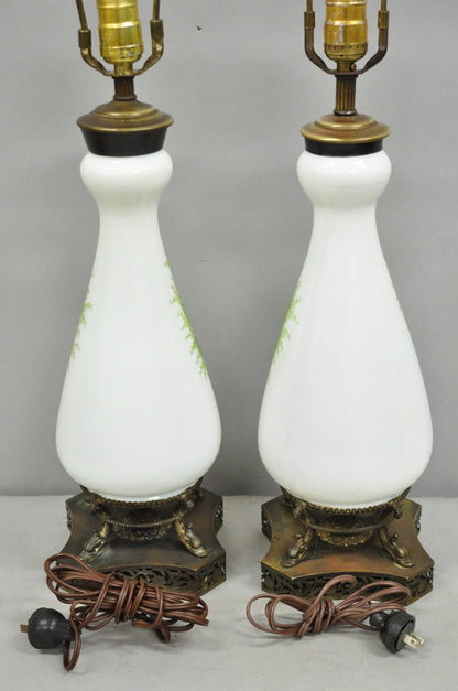 Antique Victorian French Hand Painted Angel and Child Glass Table Lamps - a Pair