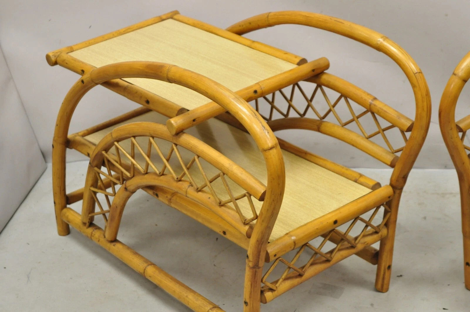 Vintage Tiki Rattan Bentwood Bamboo 2 Tier Sculptural End Tables - a Pair