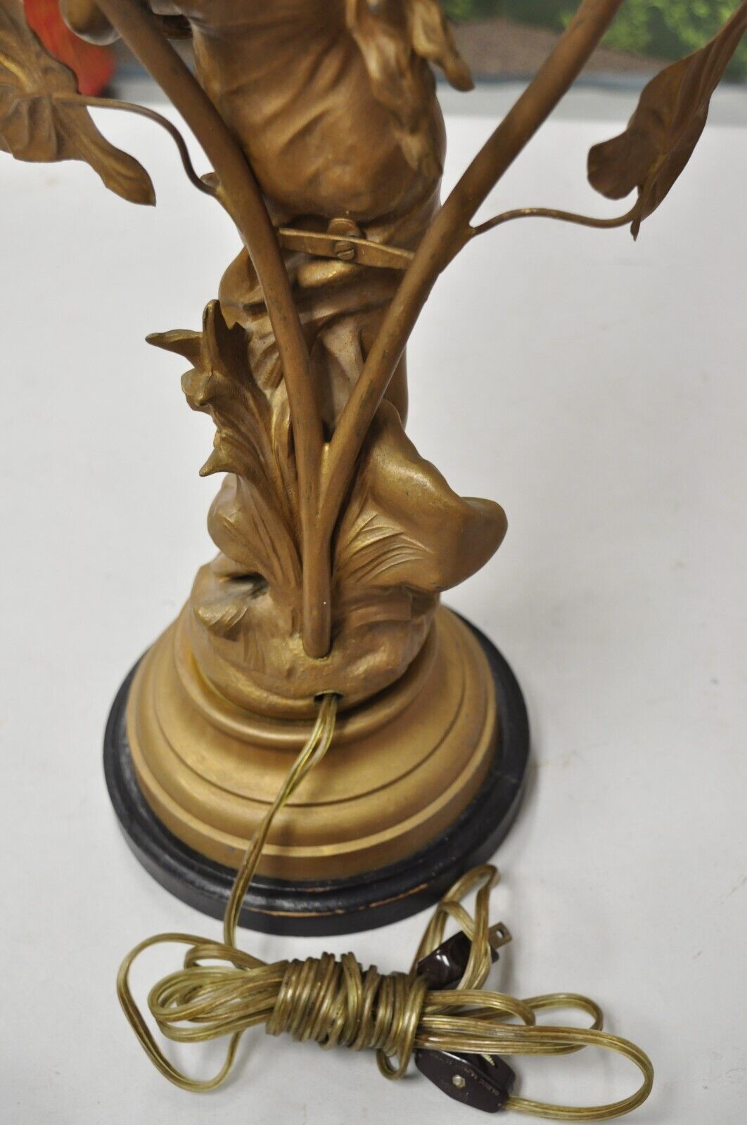 Antique Art Nouveau Auguste Moreau "La Musique" Gold Metal Figural Table Lamp