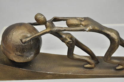 Modern Abstract Brutalist Cast Metal Sculpture Figures Pushing Boulder up Hill