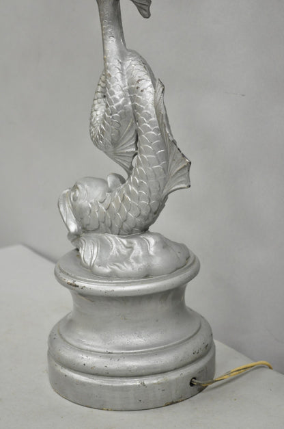 Vintage French Neoclassical Style Figural Gilt Metal Serpent Dolphin Table Lamp