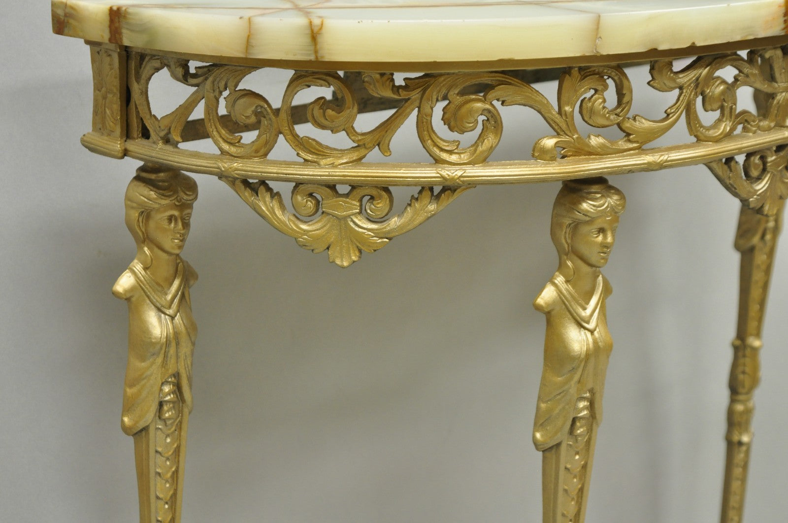 Antique Gothic Revival Oscar Bach Style Figural Bronze & Onyx Gold Console Table