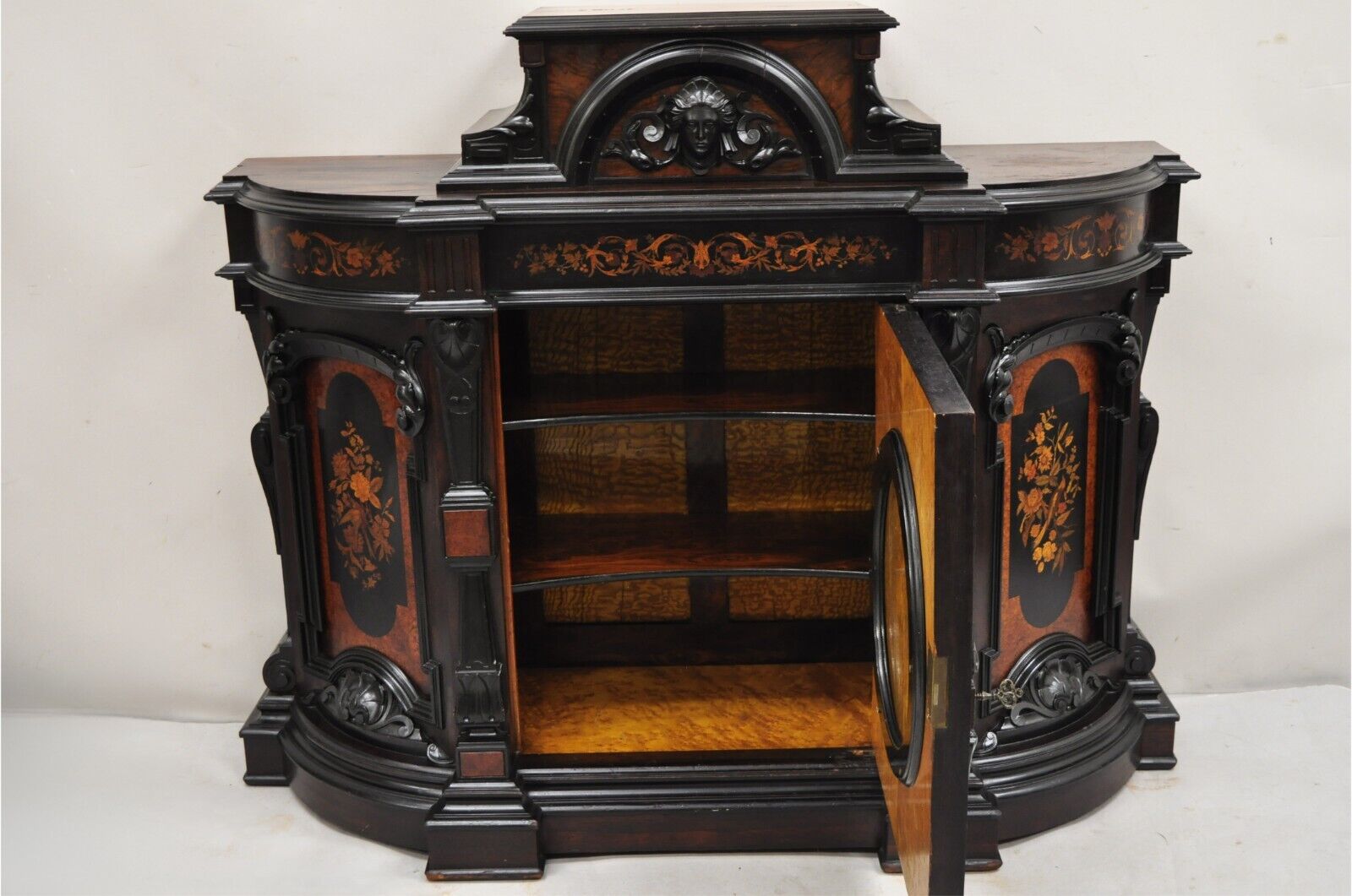 Victorian Ebonized Rosewood Figural Carved Parlor Cabinet attr. Pottier & Stymus