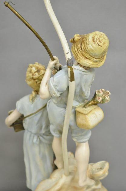 Antique L&F Moreau Victorian Painted Spelter Metal Figural Table Lamps - a Pair