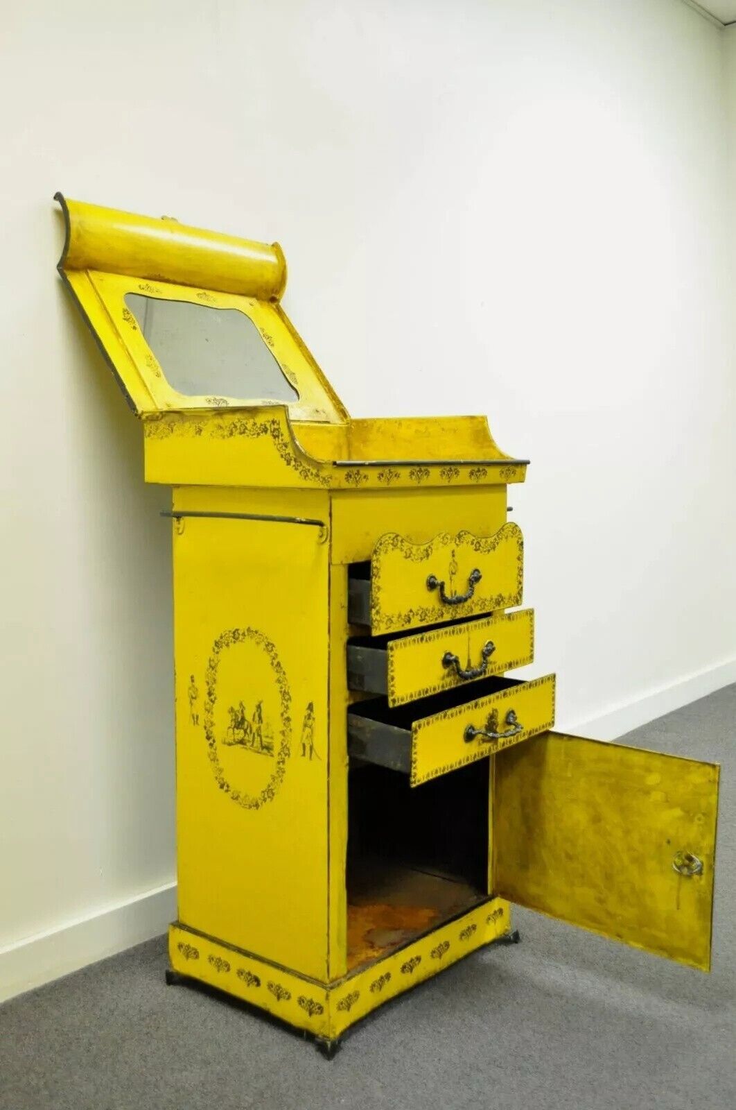 Antique 19th C. Italian Regency Tole Metal Flip Top Yellow Vanity Sink Drysink