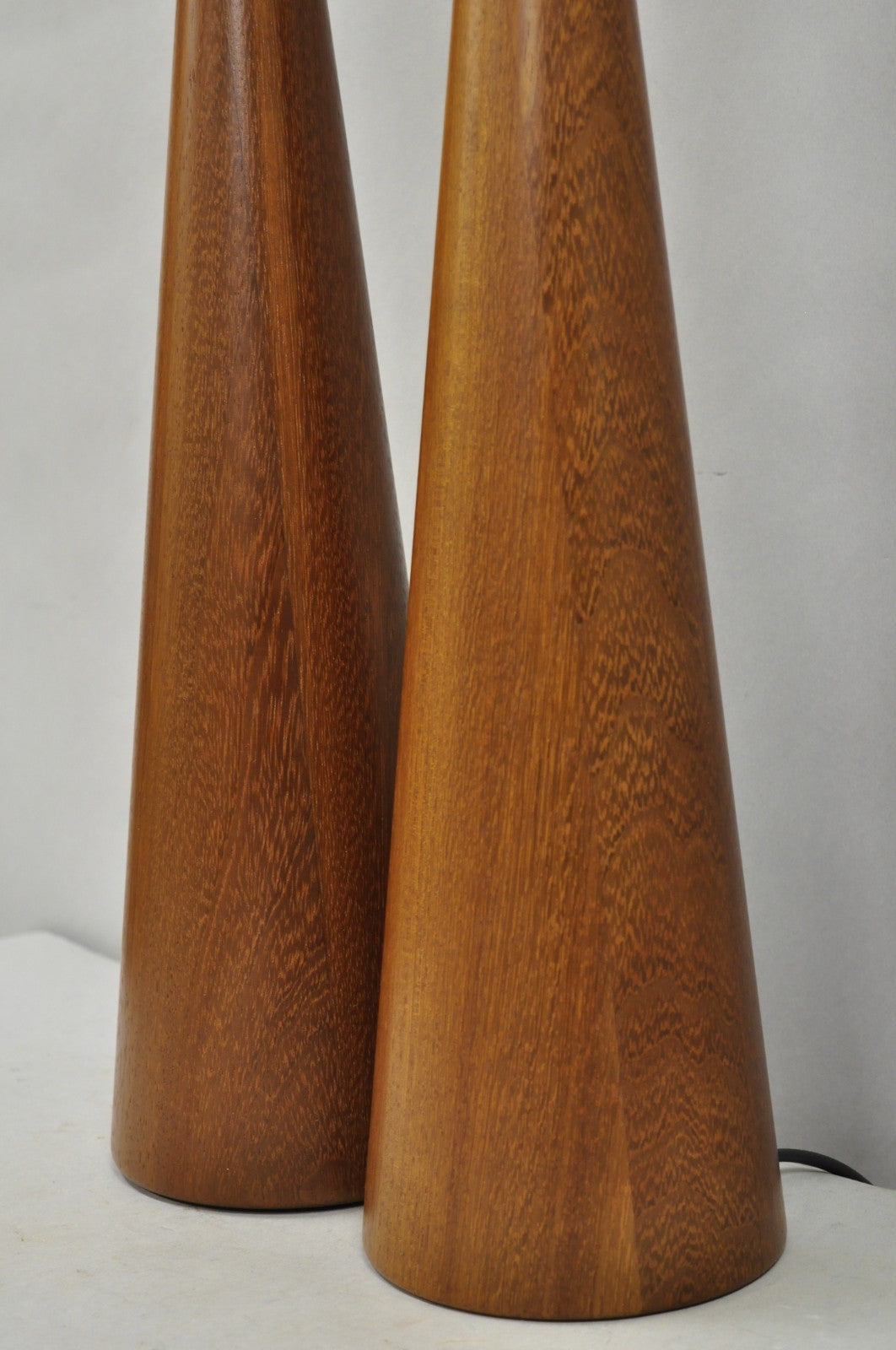 Vintage Mid Century Modern Staved Teak Wood Cone Shaped Table Lamps - a Pair