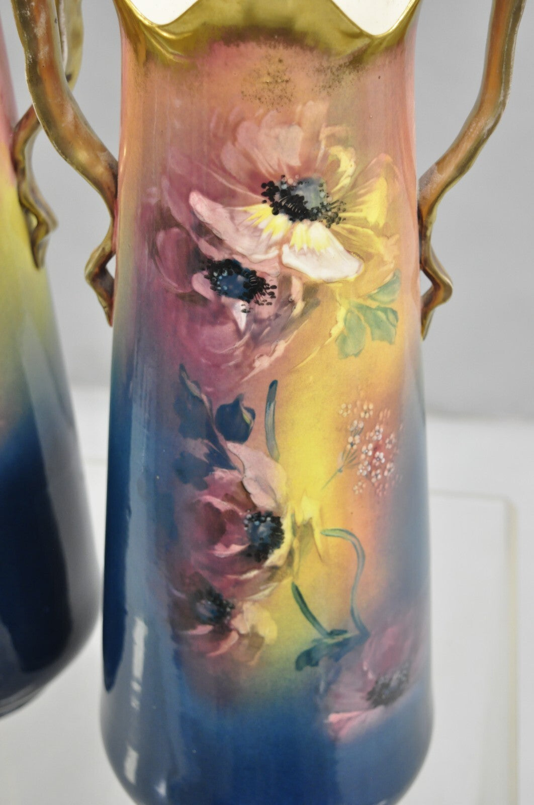 French Art Nouveau Floral Painted Blue Pink Porcelain Austrian 17" Vase - Pair