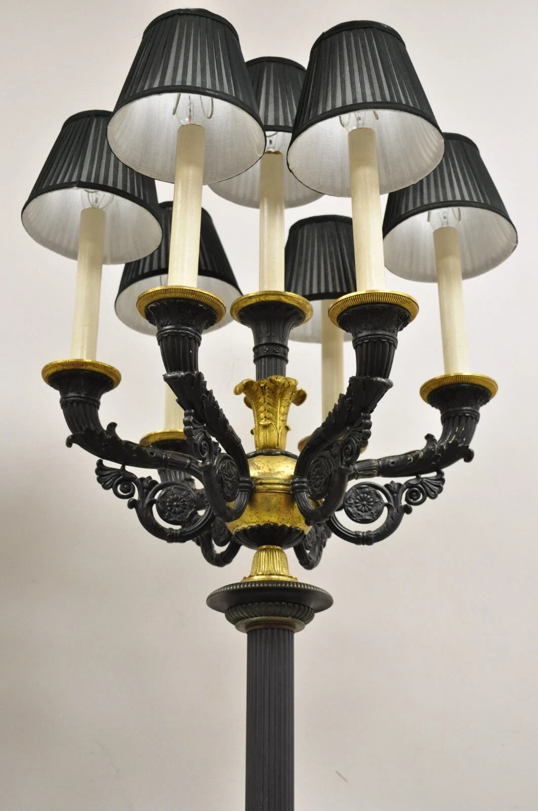 French Empire 68" Tall Bronze & Marble Lighted Candelabra Torchiere Floor Lamps