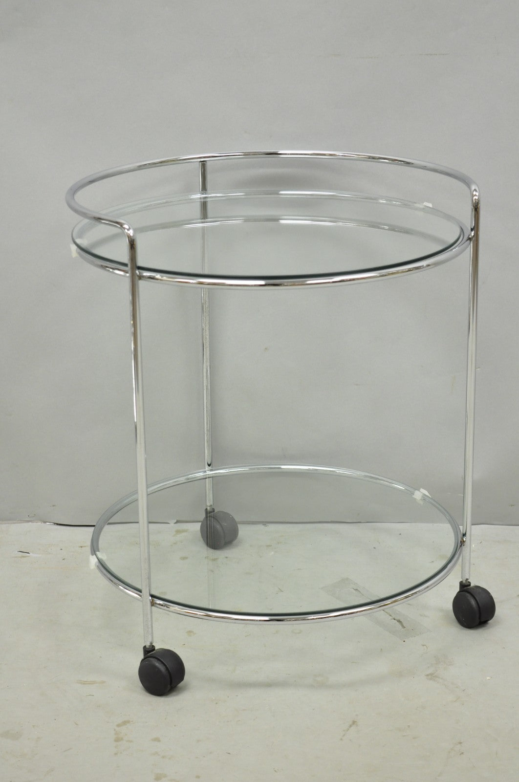 Vintage Mid Century Modern Chrome Round Glass 2 Tier Rolling Bar Cart Side Table