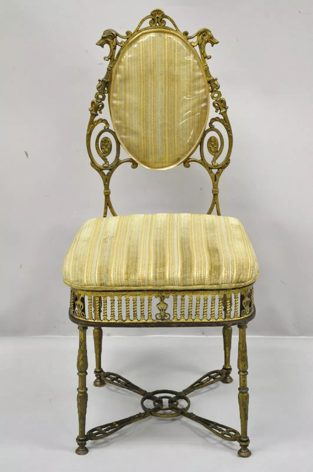 Antique Victorian Bronze Brass Oscar Bach Style Parlor Salon Side Chairs - Pair