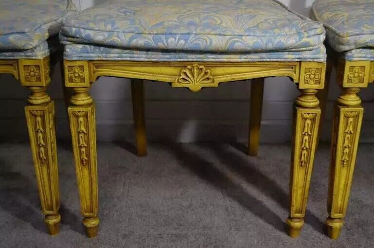 Vintage French Regency Louis XVI Yellow Carved Wood Dining Chairs - Set of 6