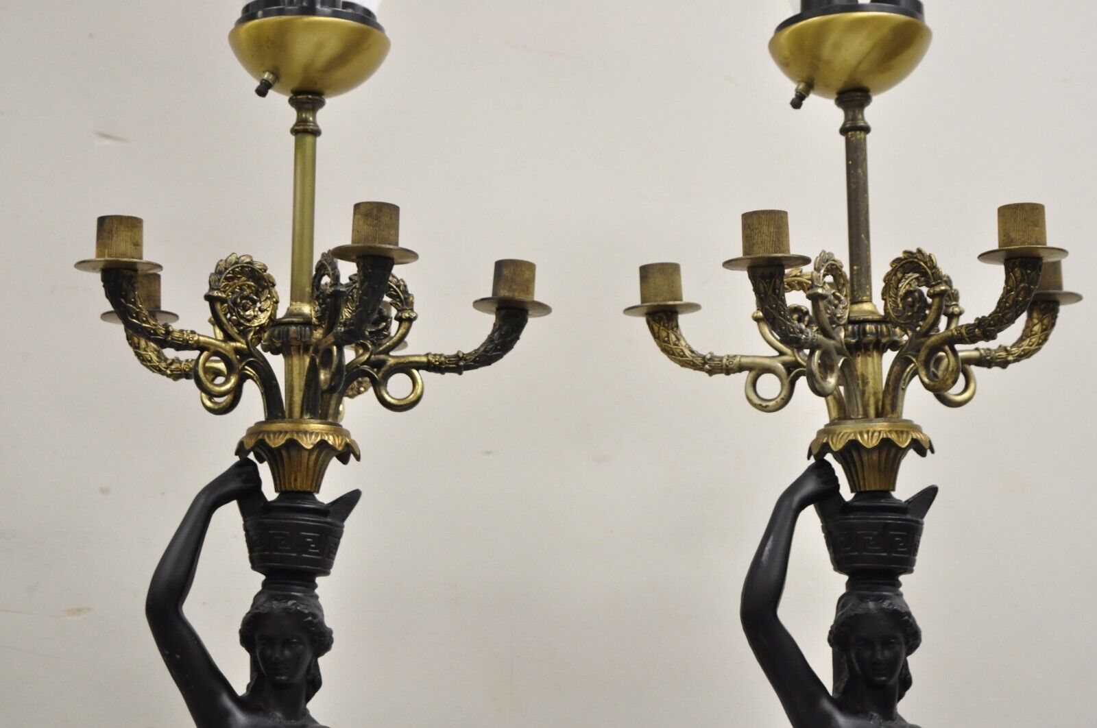 French Empire Neoclassical Style Figural Maiden Candelabra Table Lamps - a Pair