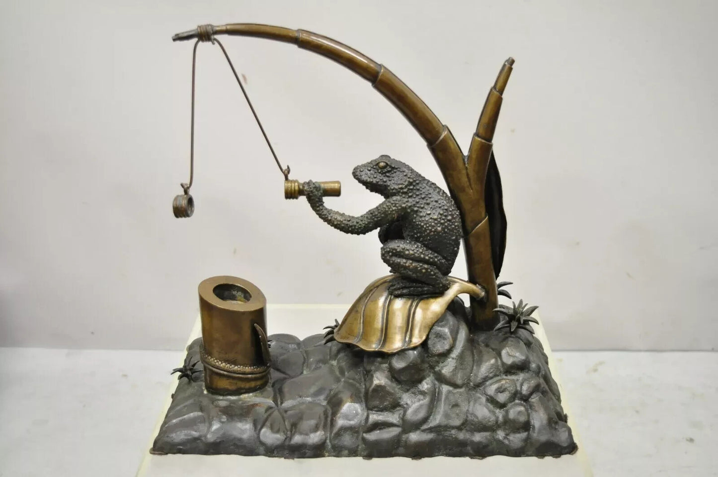 Maitland Smith Bronze Toad Frog Lily Pad Inkwell Pen Holder 18" Sculpture Statue