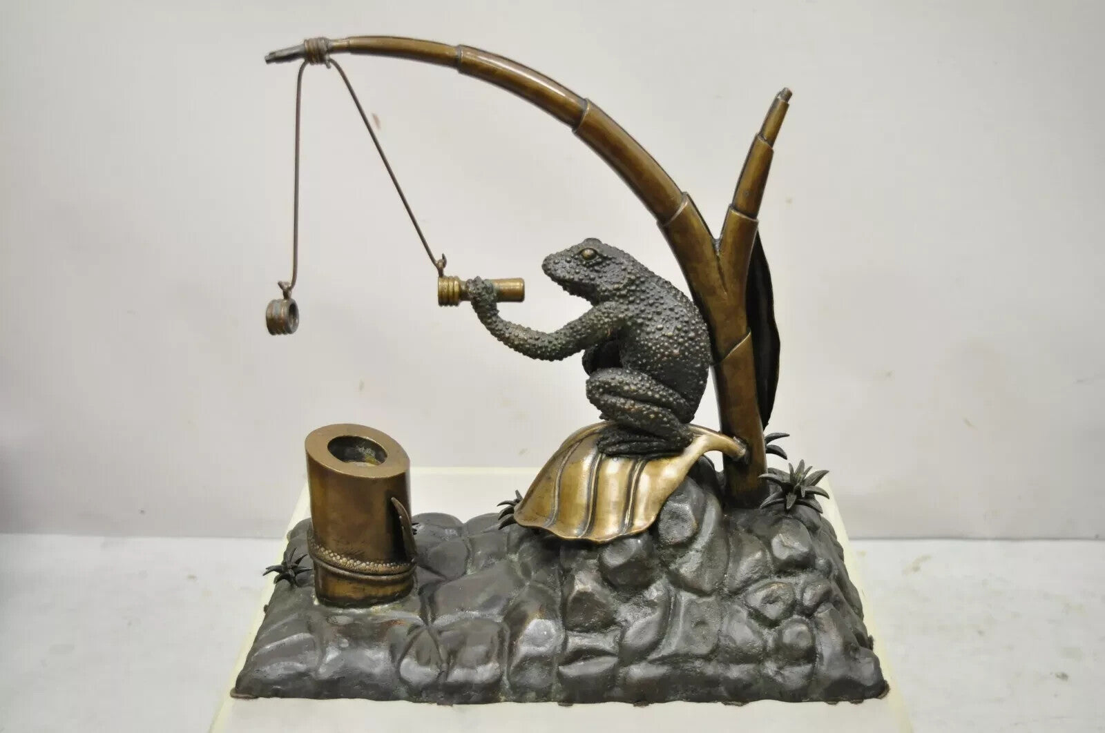 Maitland Smith Bronze Toad Frog Lily Pad Inkwell Pen Holder 18" Sculpture Statue