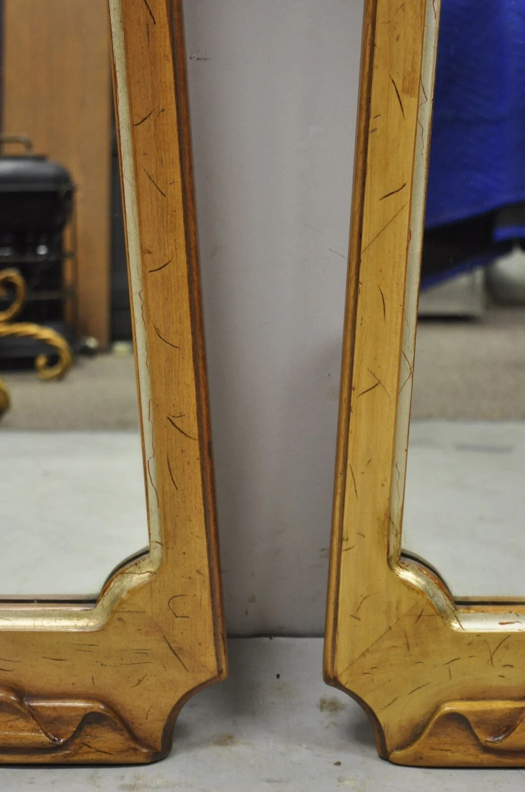 Vintage Italian Hollywood Regency Ribbon Scroll Carved Wood Wall Mirror - a Pair