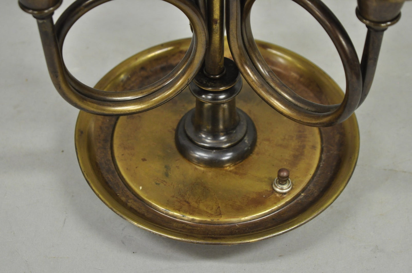 Frederick Cooper Brass Bouillotte Trumpet Arm Table Lamp w/ Green Tole Shade