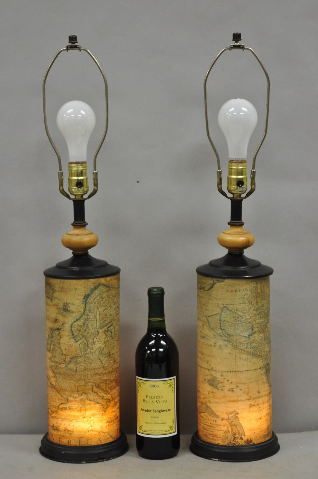 Vintage Regency Style European Old World Map Wrapped Cylinder Table Lamps - Pair