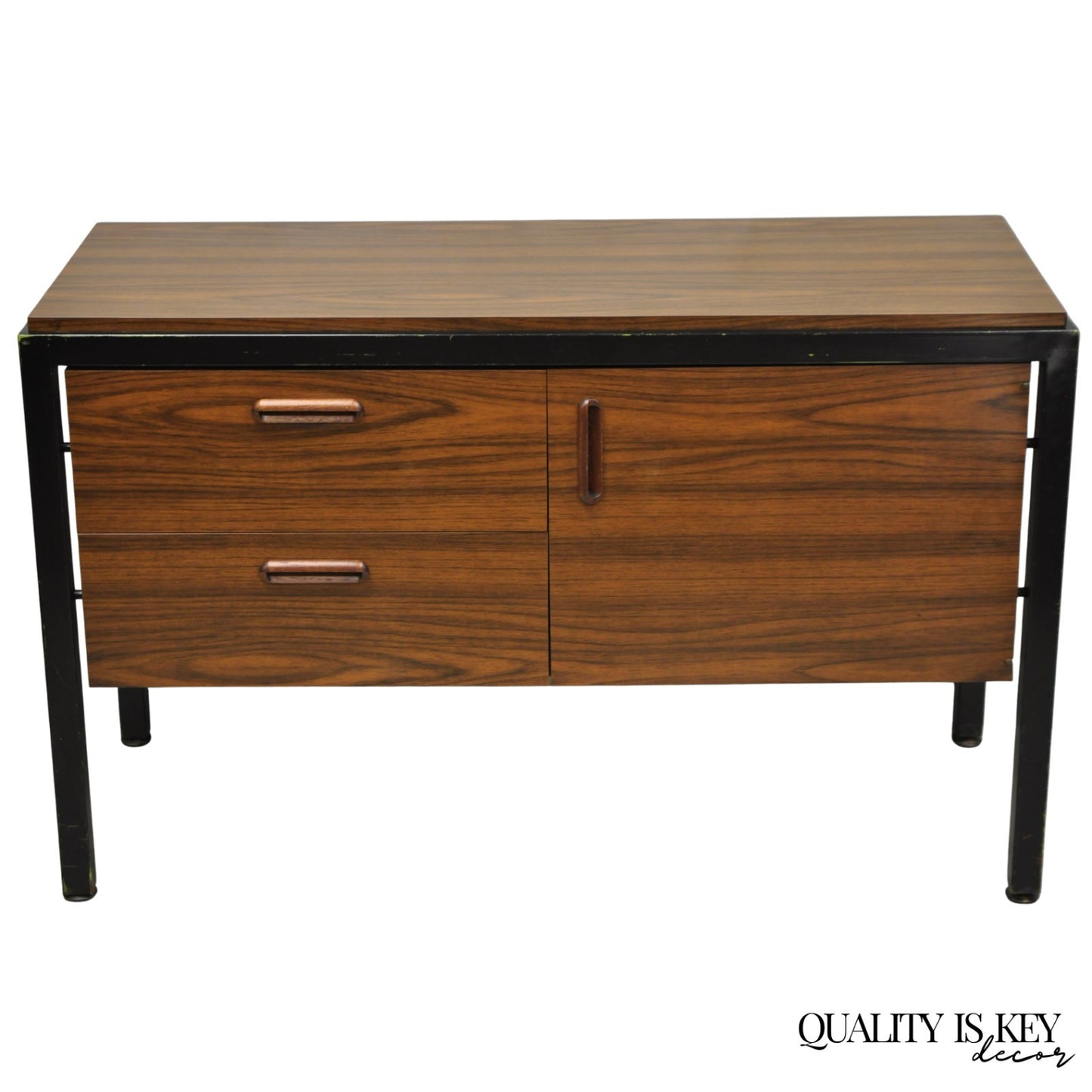 Vintage Mid Century Modern Faux Rosewood Laminate Steel Metal Credenza Cabinet