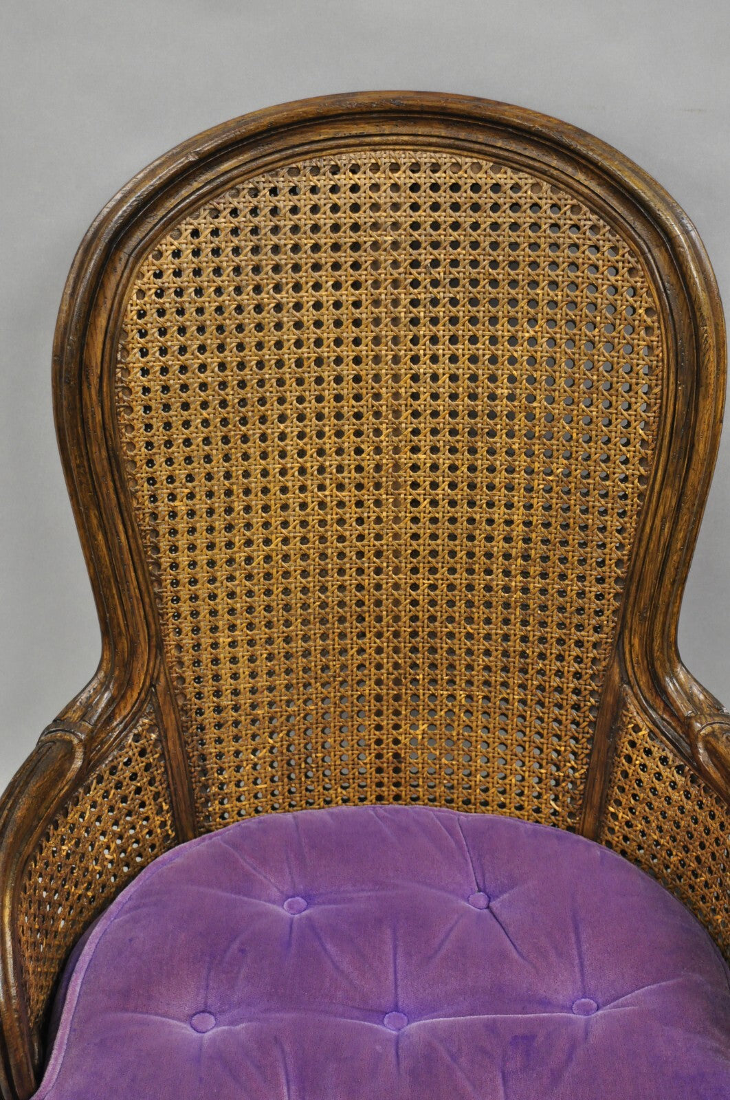 Vintage French Louis XVI Style Cane Balloon Back Walnut Arm Chairs - a Pair