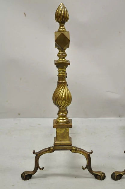 Antique Federal Brass Spiral Twist Finial Branch Leg Ball & Claw Andirons - Pair