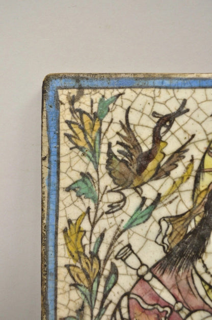Antique Persian Iznik Qajar Style Ceramic Pottery Tile Bearded Man and Woman C2