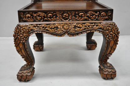 Vintage Chinoiserie Thai Oriental Carved Teak Wood Dining Side Chairs - a Pair