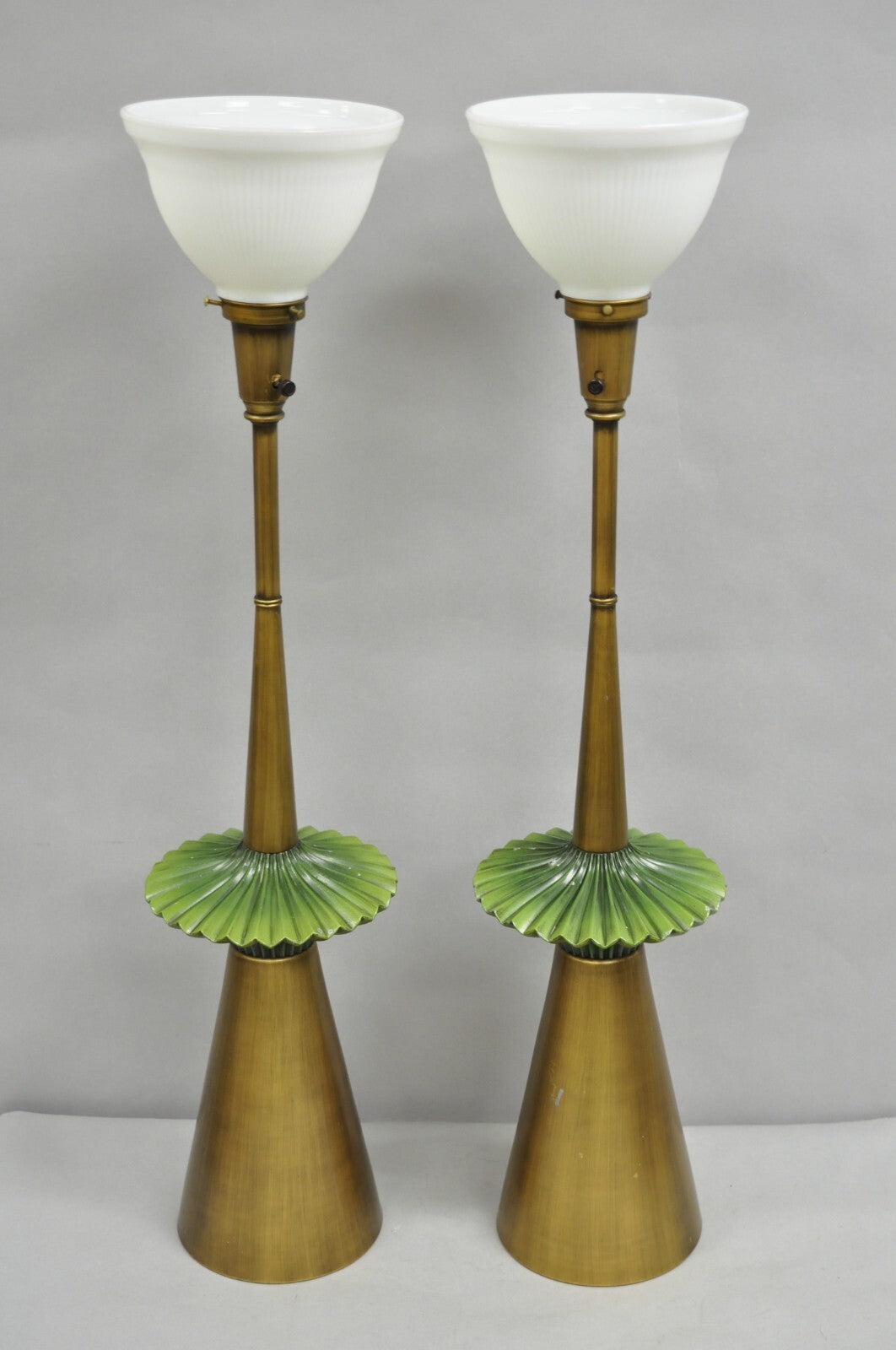 Vintage Mid Century Modern Atomic Era Green Flying Saucer Gold Table Lamp - Pair