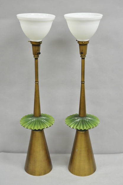 Vintage Mid Century Modern Atomic Era Green Flying Saucer Gold Table Lamp - Pair