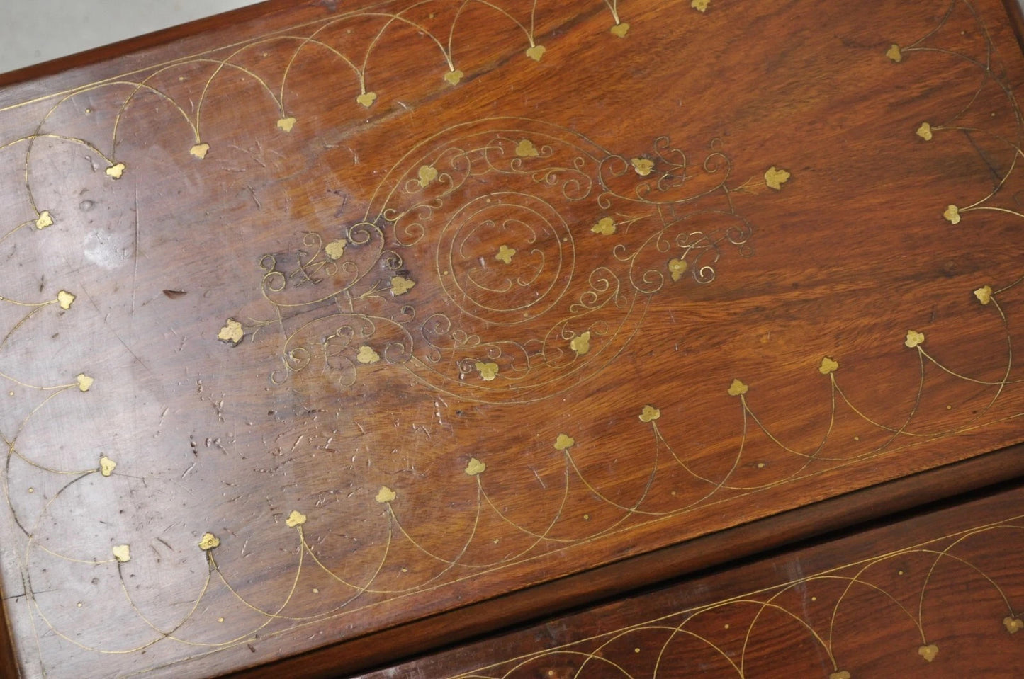 Antique Anglo Indian Brass Marquetry Inlay Nesting Side End Tables - Set of 4