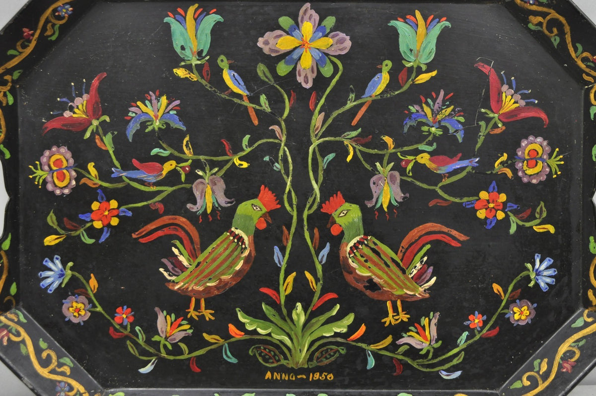 Vintage Lida Bell Clark French Country PA Dutch Hand Painted Toleware Metal Tray