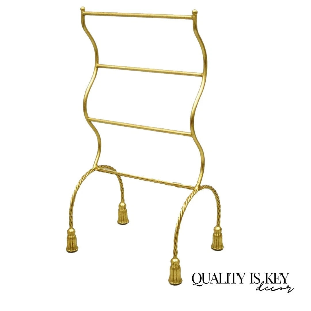 Vintage Italian Hollywood Regency Gold Gilt Metal Iron Towel Rack w/ Tassel Feet