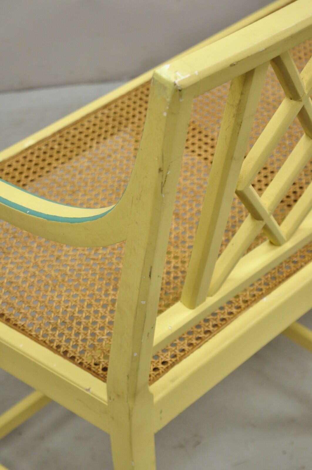 Vintage Italian Neoclassical Yellow Painted Cane Seat Fretwork Settee Bench