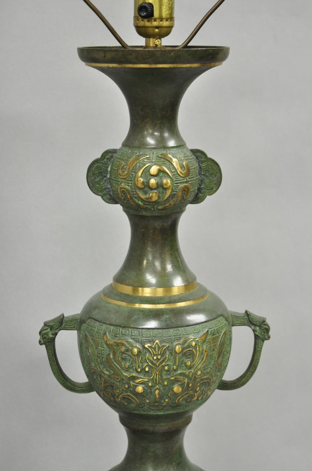 Chinoiserie James Mont Style Green Bronze Chinese Foo Dog Table Lamps - a Pair