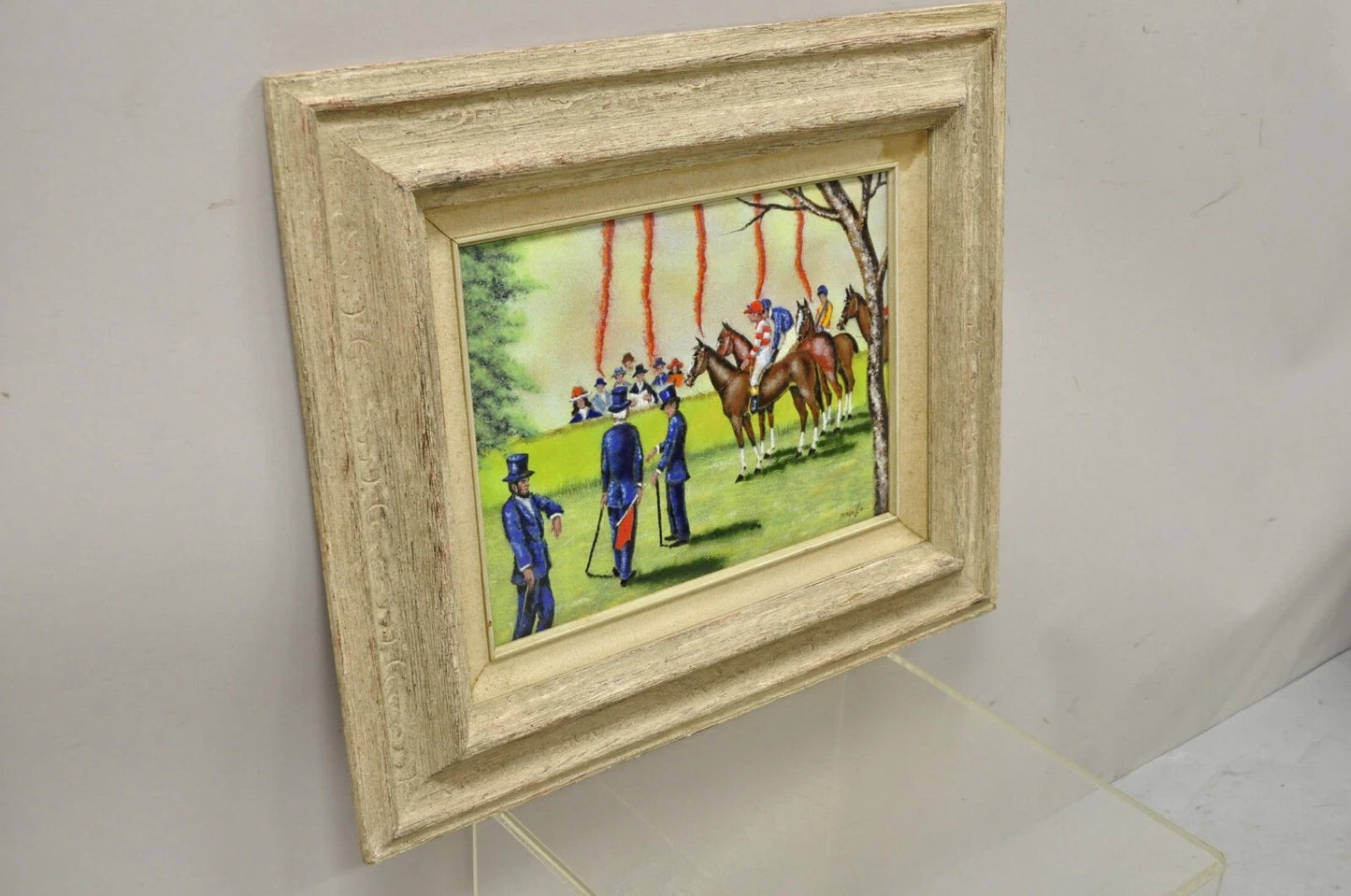 Dom Dominic Mingolla Enamel on Copper Framed Painting Horse Jockey Race Derby